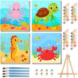 프레임 나무 이젤을 사용하는 를 위한 블레이험 4팩 페인트 키트 바다 밑의 쉬운 귀여운 DIY 아크릴 유화로