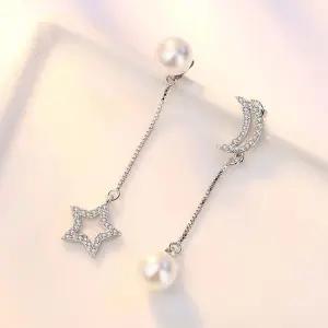 원석비즈 AAA 지르코니아 언발런스 달 진주 은침 쉘 귀걸이 별