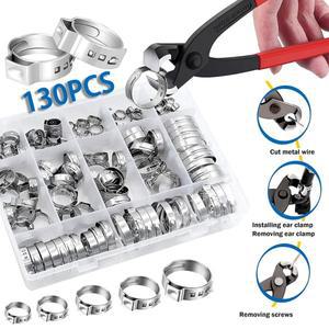 130개 304 스테인리스 스틸 싱글 이어 호스 클램프 플라이어 세트 6-36.1mm 크림프 어소트먼트 키트 스텝리