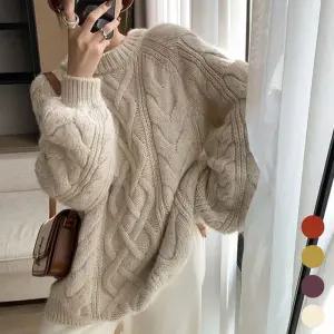 [룽스]꽈배기 패턴 오버핏 캐주얼 라운드 니트티