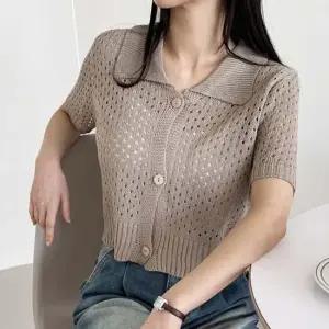 펀칭 여성 니트 가디건 카라 여자 반팔 가디건 3색