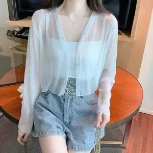 여성 시스루 스타일 크롭 바캉스룩 슬림 가디건 봄가디건