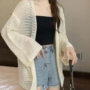 여자카디건 여성 여름 통기성 그물 노버튼 바캉스 통 소매 가디건