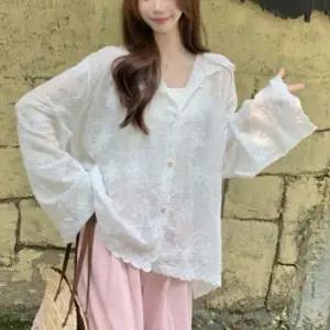 여성 플라워 시스루 후드 가디건 화이트 1P 자수 긴팔 외투 여성가디건