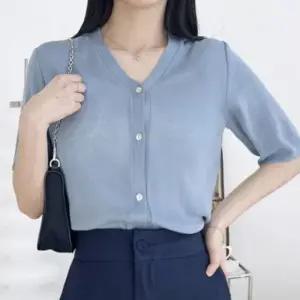 여성 브이넥 직장인 학생 반팔 니트 가디건 데일리룩 가디건