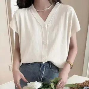 여성 체형커버 반팔 니트 가디건 1P 캡소매 브이넥 여자반팔니트