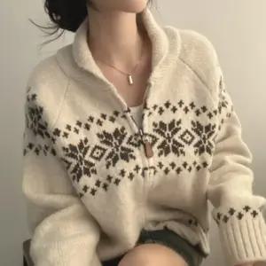 세이네스 여성 집업 가디건 노르딕 눈꽃 패턴 여자 스웨터 니트