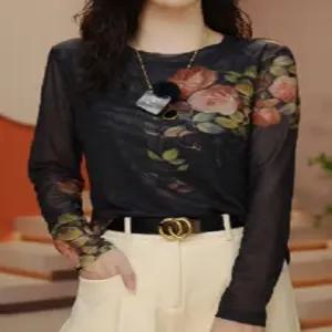 여성 라틴댄스복 상의 플라워 라인댄스 블랙 봄 메쉬