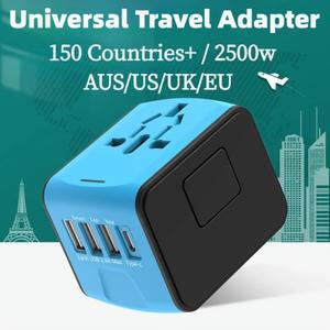 미국 EU 영국 AUS 여행용 범용 어댑터 충전기(USB 3개 및 C형 포트 1개 포함)