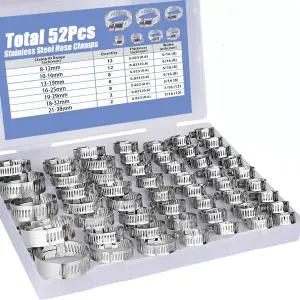 호환  52Pcs 8-38mm 스테인레스 스틸 스크류 밴드 호스 클램프 자동차 연료 튜브 파이프 클램프 웜 기어 플