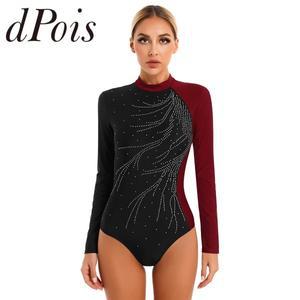 여성용 반짝이 라인스톤 컬러 블록 발레 레오타드  긴 소매 피겨 스케이팅 댄스 점프수트  체조 바디수트