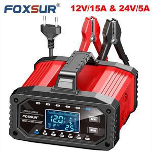 FOXSUR 12V15A 스마트 자동차 오토바이 배터리 충전기 펄스 수리 AGM LiFePO4 납산 LCD 디스플레이