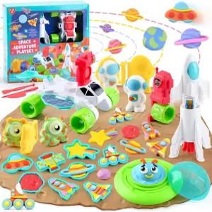 를 위한 플레이 컬러 도우 세트 4-8세 스페이스 플래닛 테마 감각 도구 20개의 액세서리 우주비행사 로봇