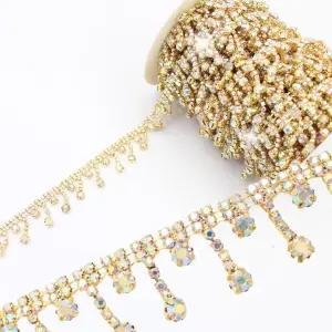 PEARLY JUN 1 야드 라인스톤 트림 크리스탈 체인 AB 골드 의류 DIY 웨딩 파티 부케 장식용 신부 의상 장식