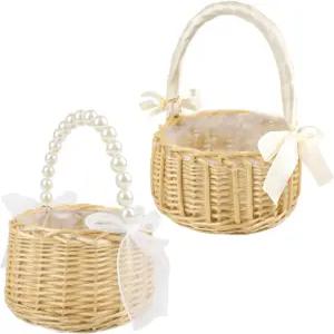 진주 손잡이가 달린 야 위커 플라워 걸 바구니 야외 피크닉 홈 웨딩 가든 장식용 라탄