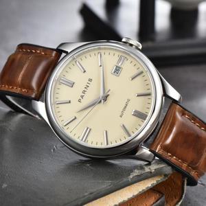 파르니스 39mm 실버 케이스 기계식 오토매틱 럭셔리 남성 시계 사파이어 크리스탈 캘린더 가죽 스트랩 남성
