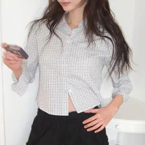 [모코블링]크롭 체크 셔츠 크롭셔츠 체크셔츠 슬림핏 봄셔츠 카라셔츠 긴팔셔츠