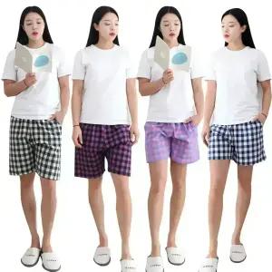 여성 큰체크 3부 5부 잠옷 바지 슬레진저 면 여자 파자마 주머니 반바지 홈웨어 하의