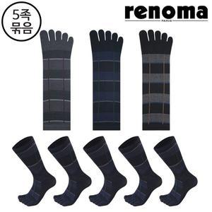 [레노마]남성 체크 중목 발가락양말 5족세트