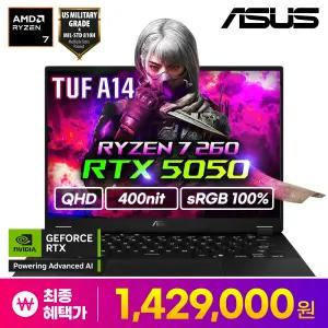 ASUS TUF A14 FA401UH-RG005 특가 142만 라이젠7 260/16GB/RTX5050 QHD 게이밍 노트북 휴대용 겜트북 원탑