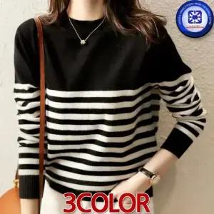 여성 봄가을 겨울 KARA 카라 프랑스 레트로필 스트라이프 라운드넥 니트티 3칼라 /3