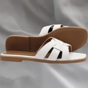 여성 클래식 가죽 크로스 스트랩 로우힐 슬리퍼 샌들