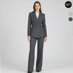 SET 여성 앤더블벨티드 봄가을 정장 자켓+통팬츠 세트
