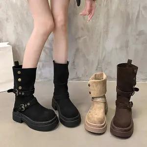 시크덩꼬 2 Way 버튼 타입 더블 벨트 스웨이드 통굽 하프부츠