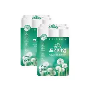 100 천연펄프 행운드림 프리미엄 화장지 3겹 x 30m x 2팩 비데겸용 휴지 /J