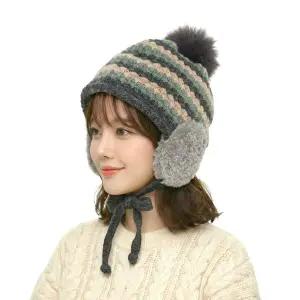 [hat'scompany]폼니트라인 겨울 여자 울 니트 귀달이모자 털 방울 방한 모자 귀마개 스키 골프