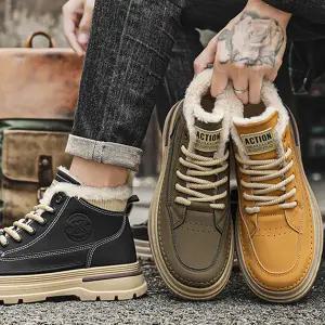 남성 털 안감 신발 스웨이드 캐주얼 워킹 남성 방한 부츠 겨울 레이스업 아웃도어 스트랩 데일리 키높이