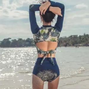 멋스런 긴팔 래쉬가드 세트 크롭탑 수영복 하이 웨스트 비키니 블루 (WFKAD7R)