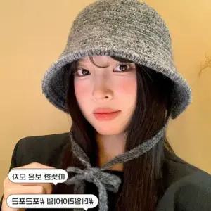 단색 울 버킷햇 여성 끈 방한 모자 가을 벙거지 보온 겨울 울모자