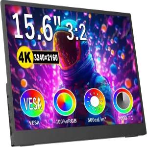 4K 휴대용 모니터 156인치 화면 확장기 3240×2160 UHD 500니트 100 sRGB 및 45° 조절식 스탠드 여행용