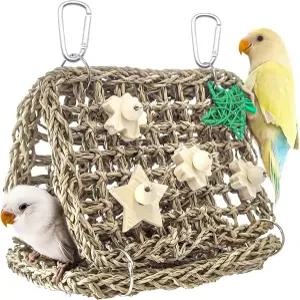 제브드 시그래스 핸드웨빙 새장 DIY 잉꼬 둥지 및 등반 사다리 씹을 수 있는 장난감 통기성 새 해먹 텐트