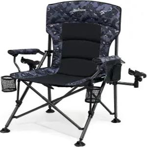 로드 홀더가 있는 대형 접이식 낚시 의자 350LBS 컵 홀더 측면 포켓 하드 암레스트가 발 조절식 패딩 캠핑