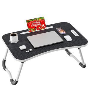 프르푸파이 접이식 랩 데스크, 컵 홀더가 있는 23.6인치 우드 노트북 침대 책상, 침대, 소파, 소파, 바닥용 독서 및 식사를 위한 휴대용 침대 테이블 - 블랙