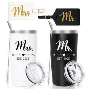 DHQH 미스터 앤 미세스 EST 선물 스테인리스 스틸 여행 텀블러 & 가죽 러기지 태그 세트 - 커플을 위한 결혼 완벽한 신혼부부, 약혼자 및 신부 샤워