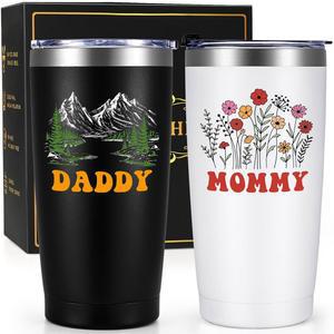 커플을 위한 Qtencas 새 부모 선물, 부모를 엄마와 아빠 선물 단열 여행 텀블러 세트, 발표, 크리스마스 생일 20온스 블랙 앤 화이트