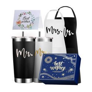 커플을 위한 JETIKON 결혼 선물 신부 샤워 및 약혼 - His & Hers Mr 스테인리스 스틸 단열 20온스 텀블러 에이프런 세트