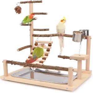 원티 버드 놀이터 나무 새 농어 스탠드 사다리 그네와 탈착식 트레이 및 버디 잉꼬 먹이 컵 케이크 세네갈