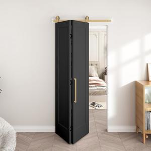 미스 36인치 x 84인치. 바이폴드 반 도어, 1 패널 비닐 랩 텍스처 블랙 옷장 브러시드 골드 마감 하드웨어 키트가 있는 중공 코어 내부