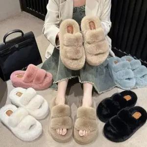 더블 여성 가성비 스트랩 털슬리퍼 1P 겨울 보온 뮬신발 스타일