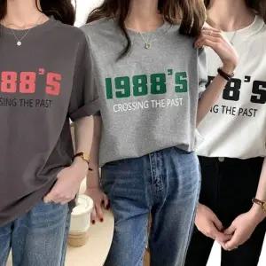 여성 라운드 레터링 기본 반팔 여름 티 셔츠