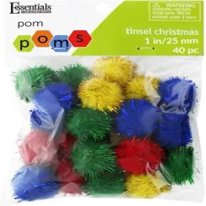 에센셜 바이 레저 아츠 폼폼 1인치 틴셀 크리스마스 24개입 - 장식 및 DIY 오너먼트를 위한 푹신한