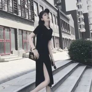 맘등원룩 옆트임 A라인 블랙컬러 반팔기장 롱원피스/ 스트릿패션 꾸안꾸 홈드레스