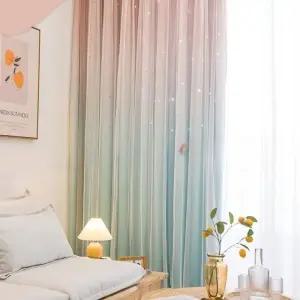 펀칭 암막 커튼 세트 이중 망사 거실 2P 별 쉬폰 침실