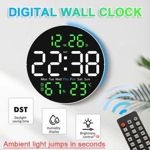 무드 라이트가있는 디지털 온도 습도 제어 USB 벽시계 전원 시계 원격 카운트 DST 알람 다운 LED