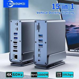 15-in-1 수직 도킹 스테이션 USB 허브 C 허브(트리플 모니터 포함) Type-C - HDMI 4K60Hz/RJ45 PC용 1000M/