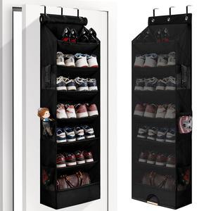 아웃링크 7 티어 오버 더 도어 신발 정리함, 방진 메쉬 커튼과 6개의 사이드 포켓이 있는 옷장용 걸이, 문 뒤 좁은 홀더 운동화, 부츠(블랙)